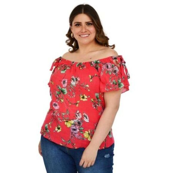 Zenobia Plus Size Linen Short Sleeve Blouse Off Shoulder Bow Red Floral 3X - Picture 1 of 9